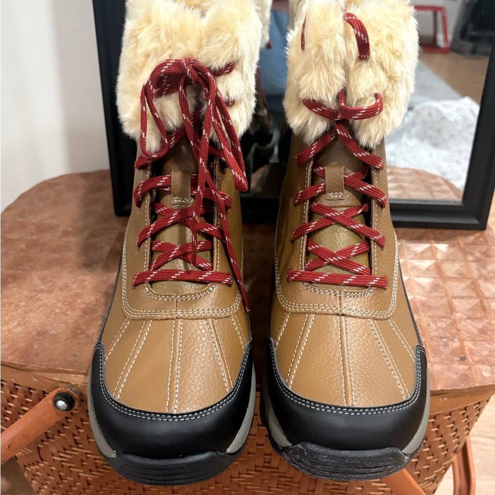 Clarks Tan and Black Winter Boots with Red Laces